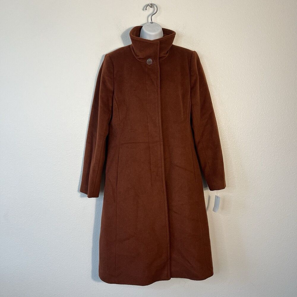 NEW COLE HAAN Longline Wool Blend Coat Women Size 10 Winter Funnel Neck In Rust